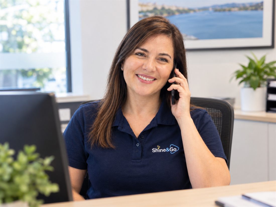 A Shine&Go NZ team member smiling while talking with a client on the phone at her desk