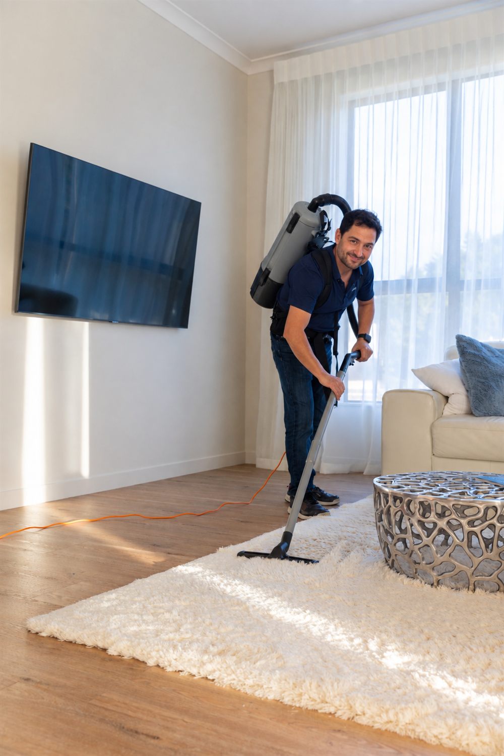 A Shine&Go NZ team member vacuuming a rug with a backpack vacuum in a bright living room